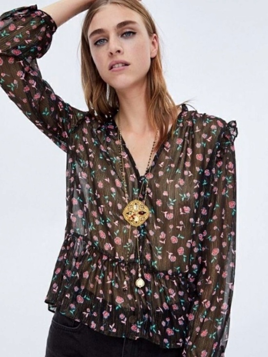 Zara Tops - Zara Black Sheer Floral Peplum Blouse Metallic Accents Medium EUC Cottagecore